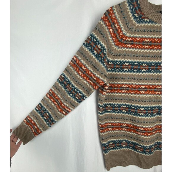 J.CREW Sweater Mens Medium Tan Orange Blue Fair Isle Stripe 100% Lambswool Soft - Picture 5 of 11